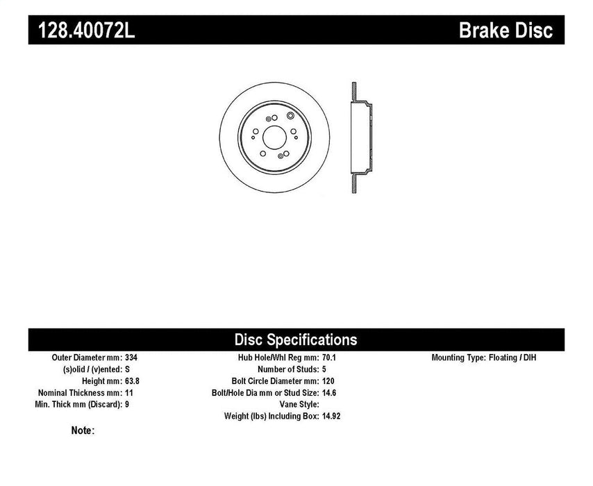 StopTech 128.40072L StopTech Sport Cross Drilled Brake Rotor; Rear Left