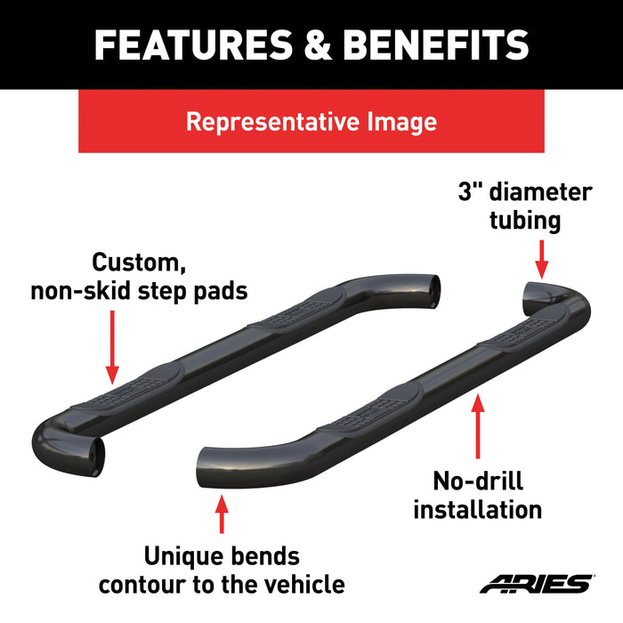 ARIES 213006 3in. Round Black Stainless Side Bars; Select Ford Excursion; F-250; F-350